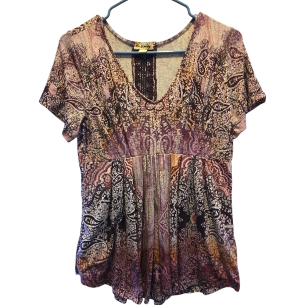 Elegant Paisley V-Neck Blouse - Purple and Brown SZ S